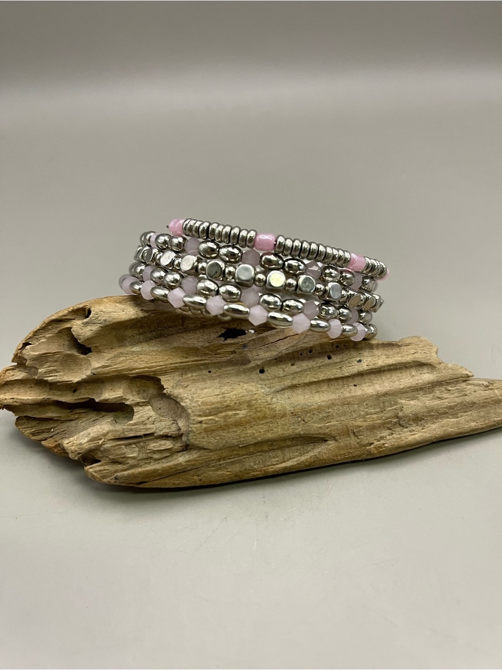 Silver Tone Pink Bead Stretch Bracelet | Multi Strand Stacking Bracelet | Boho